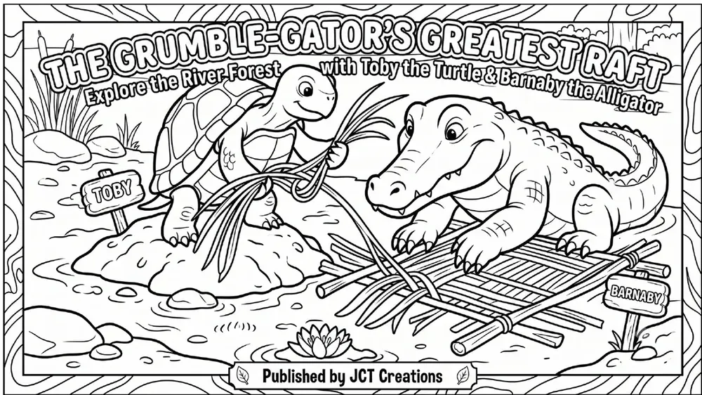 Cover of the Sunny-Stream Pond coloring book, showing Toby the turtle and Barnaby the gator in black-and-white line art, ready to color.