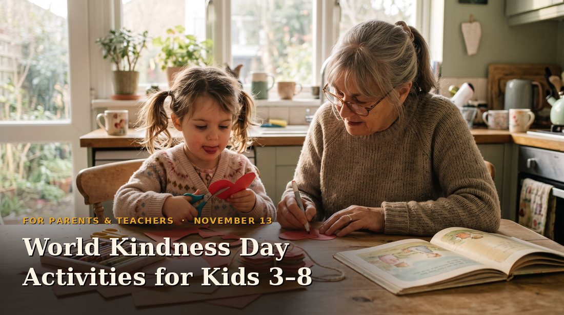 A little girl cutting out paper hearts while her grandma writes kind notes at a kitchen table, with the title World Kindness Day Activities for Kids 3 to 8.