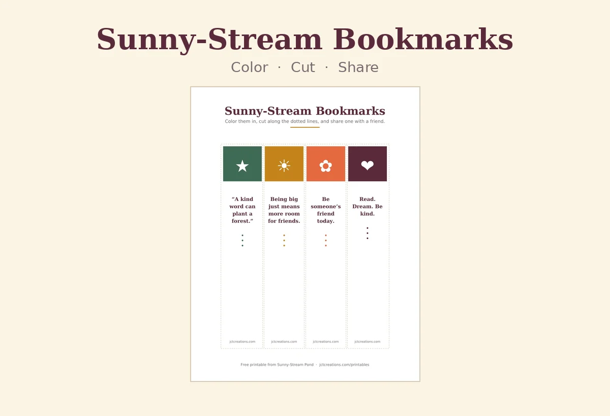 Sunny-Stream character bookmarks preview with kind sayings from the pond.