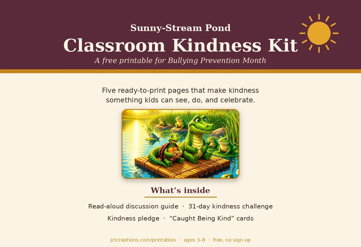 Cover of the Sunny-Stream Pond Classroom Kindness Kit, a free printable for Bullying Prevention Month.