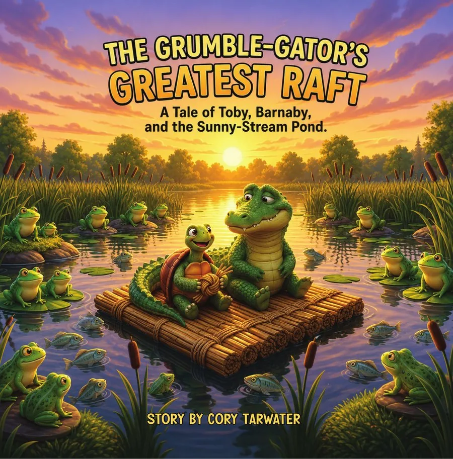 Cover of The Grumble-Gator's Greatest Raft, showing Toby the turtle and Barnaby the gator on a reed raft at sunset surrounded by frogs.