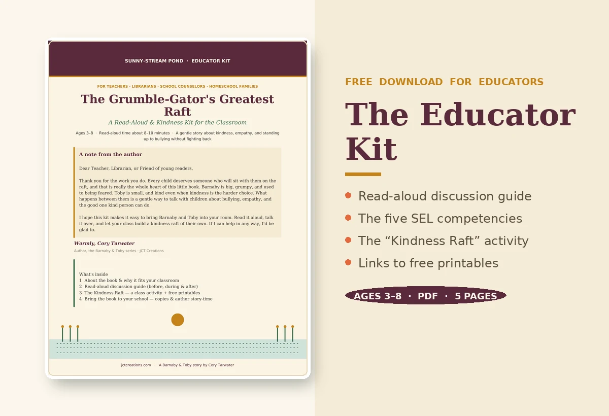 Cover of the free Educator Kit for The Grumble-Gator&rsquo;s Greatest Raft, a read-aloud and kindness guide for teachers and librarians.