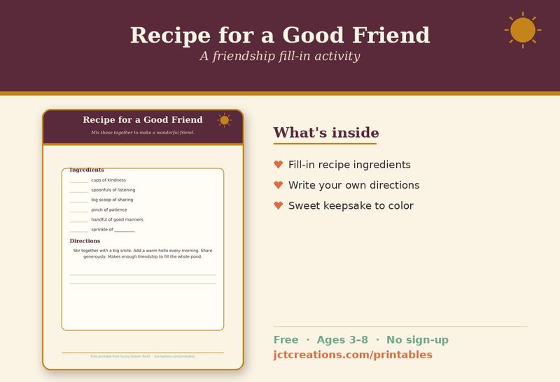 Cover of the Recipe for a Good Friend printable, a fill-in friendship recipe.