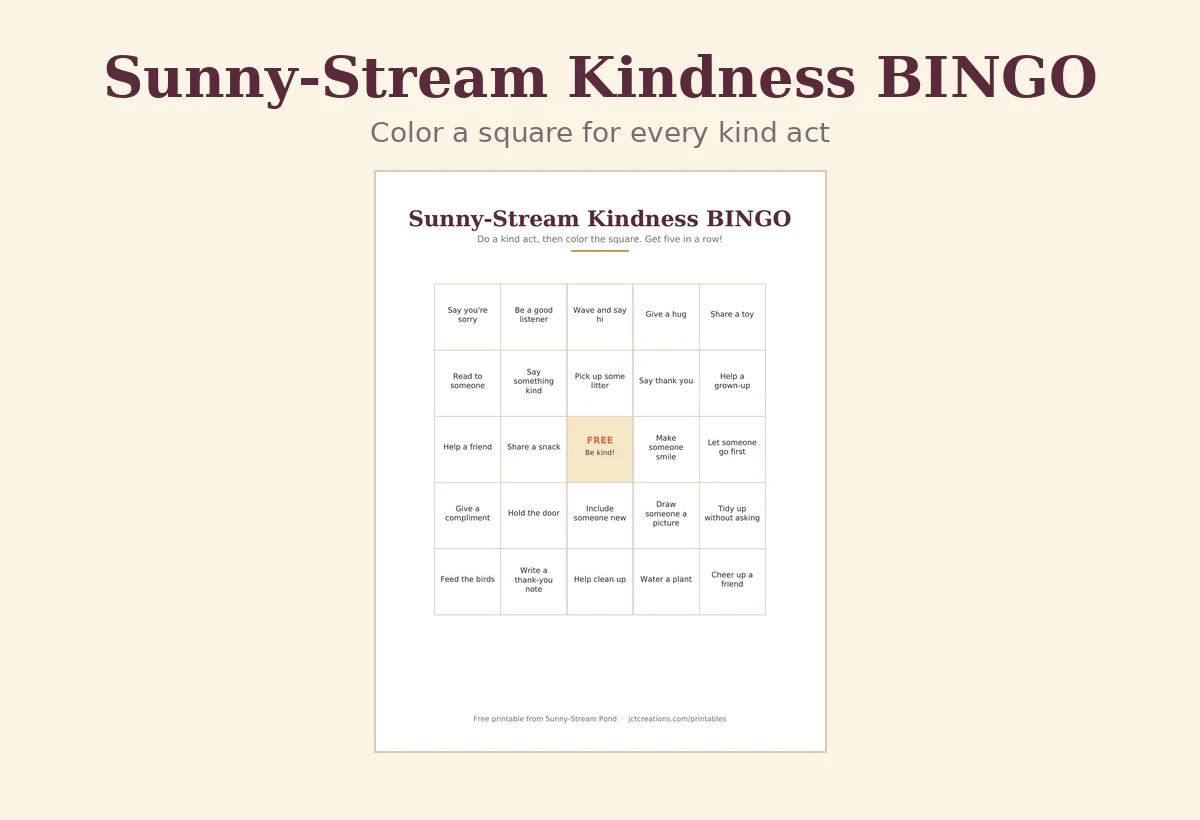 Sunny-Stream Kindness BINGO board preview, a 5 by 5 grid of kind acts.
