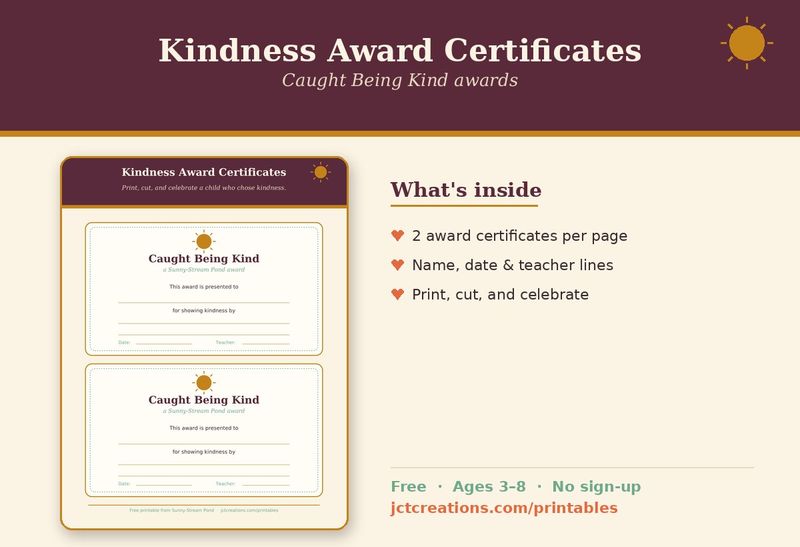 Cover of the Kindness Award Certificates, two Caught Being Kind awards.