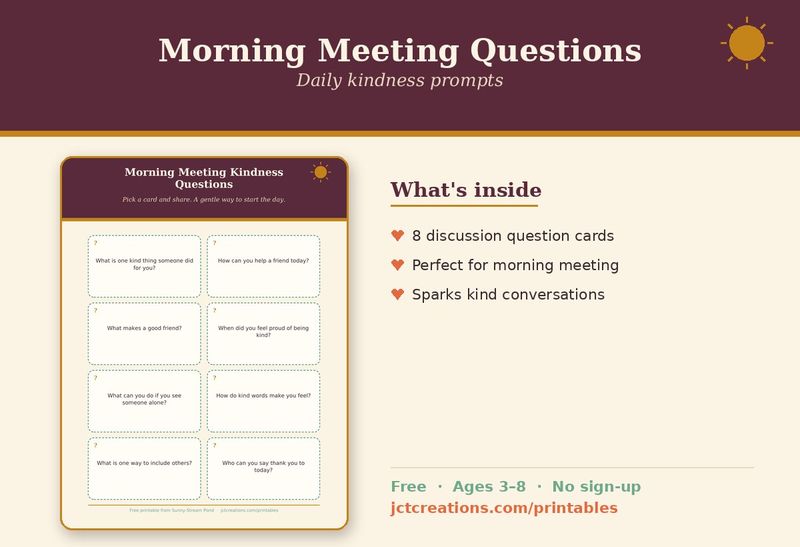 Cover of the Morning Meeting Kindness Questions, eight discussion cards.