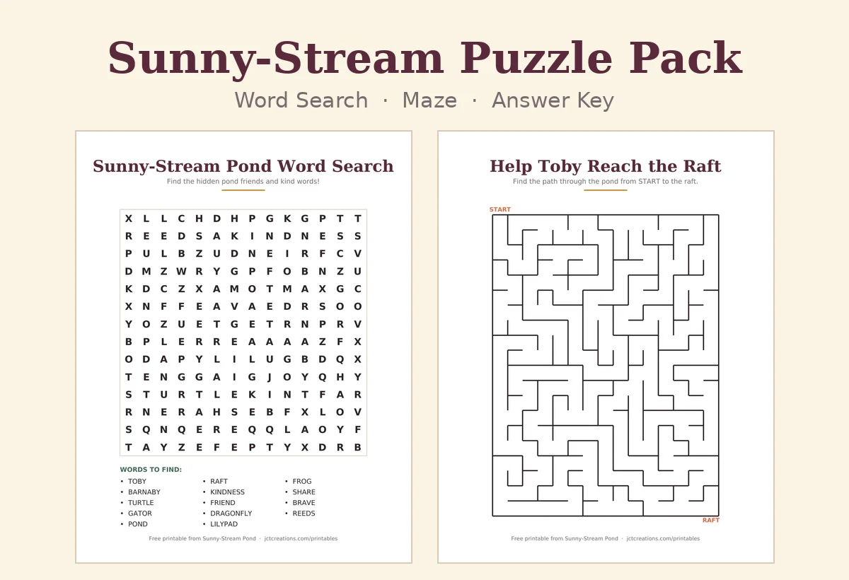 Sunny-Stream Puzzle Pack preview showing a pond word search and a maze to print and solve.