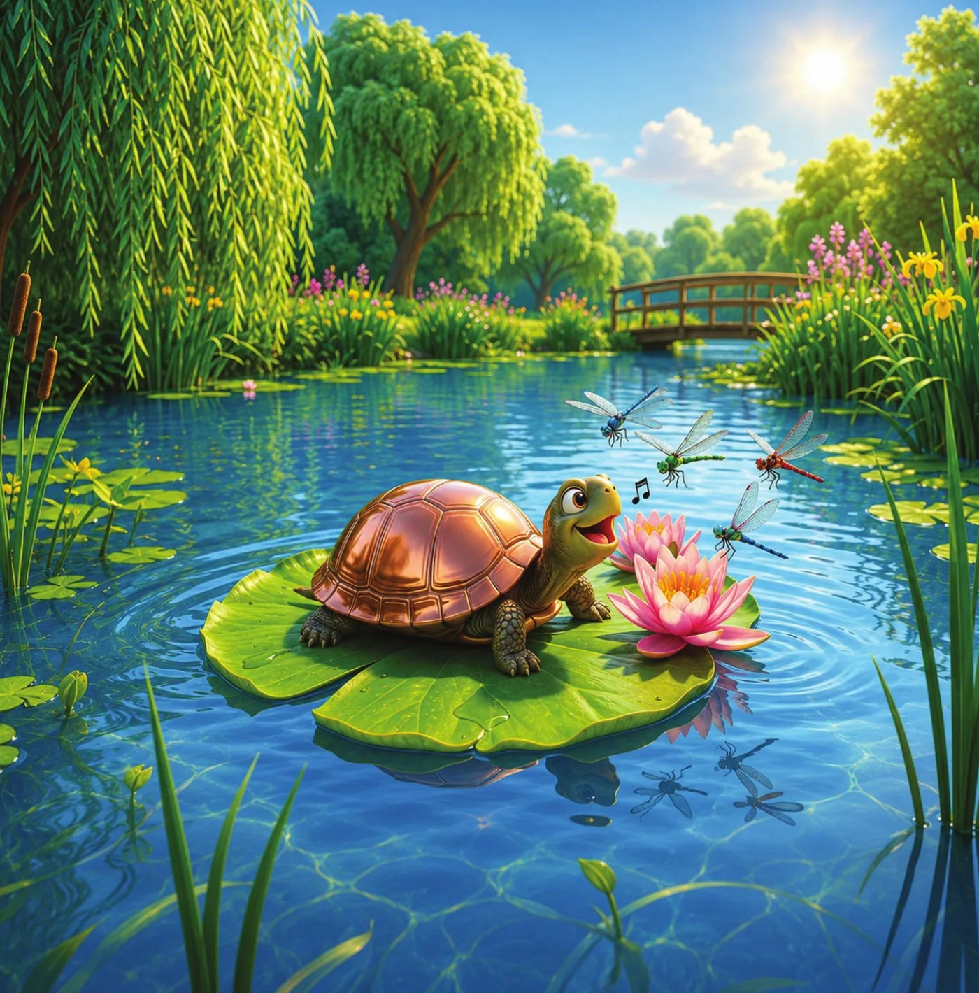 Toby the turtle sits happily on a lily pad, whistling to dragonflies in a sunlit pond.