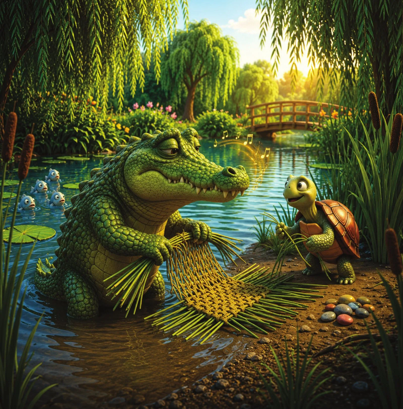 Barnaby the gator and Toby the turtle weave reeds together to build a raft by the water's edge.
