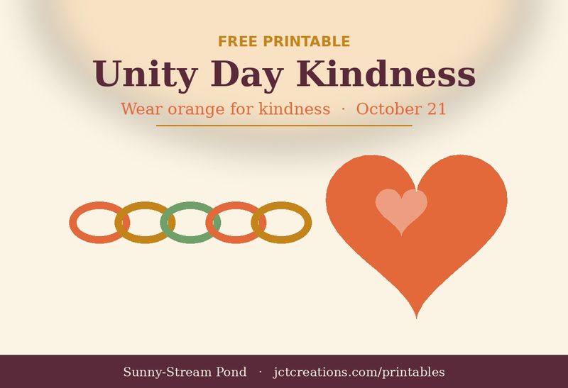Cover of the Sunny-Stream Pond Unity Day Kindness printable, showing a paper kindness chain and a big orange heart for wearing orange on Unity Day.