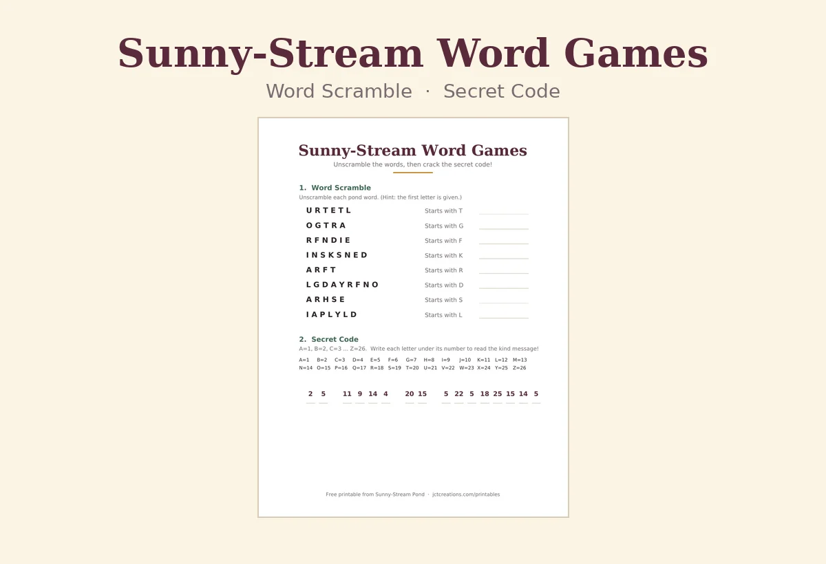 Sunny-Stream word games preview: a word scramble and a secret code.
